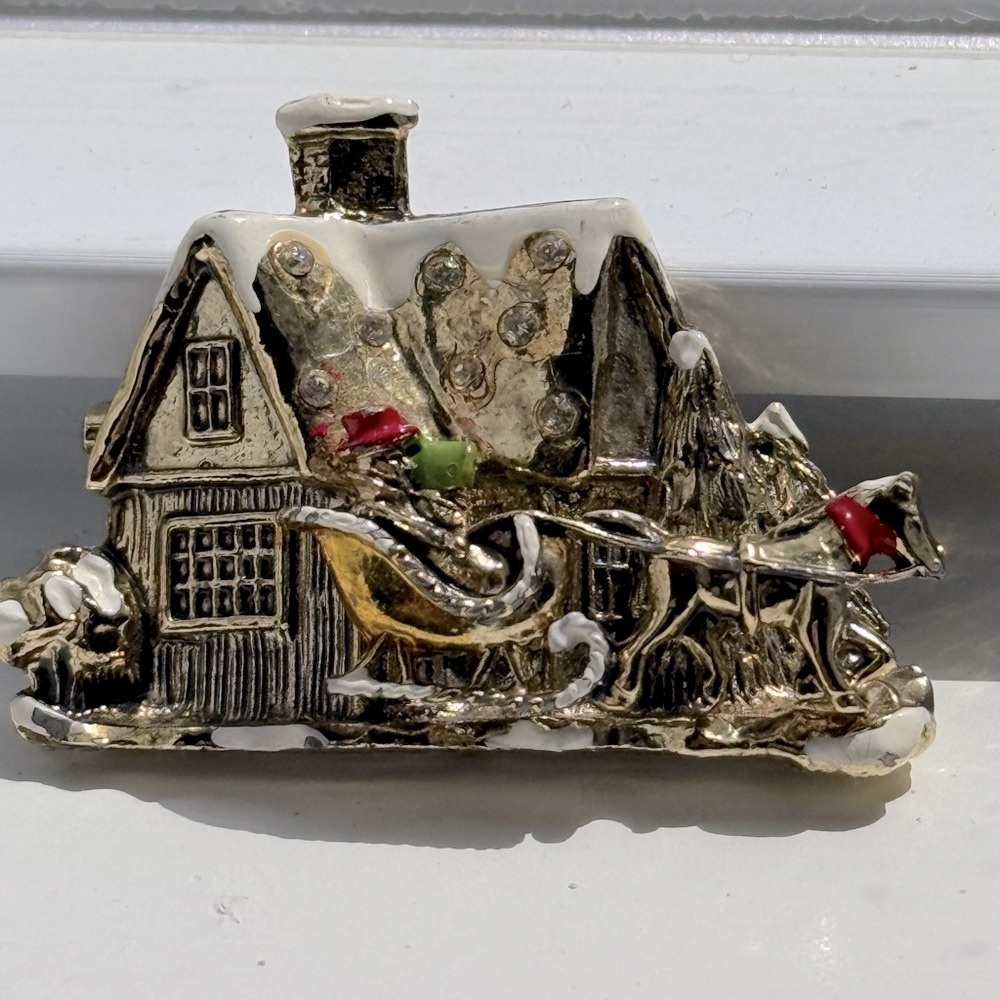 Vintage Holiday Brooch courier, and Ives with Sleigh and House/ Christmas Brooch
